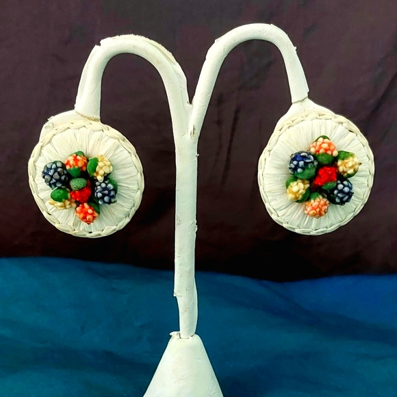 Vintage Jewelry Straw Hat Fruit Salad West Germany Vintage Earrings